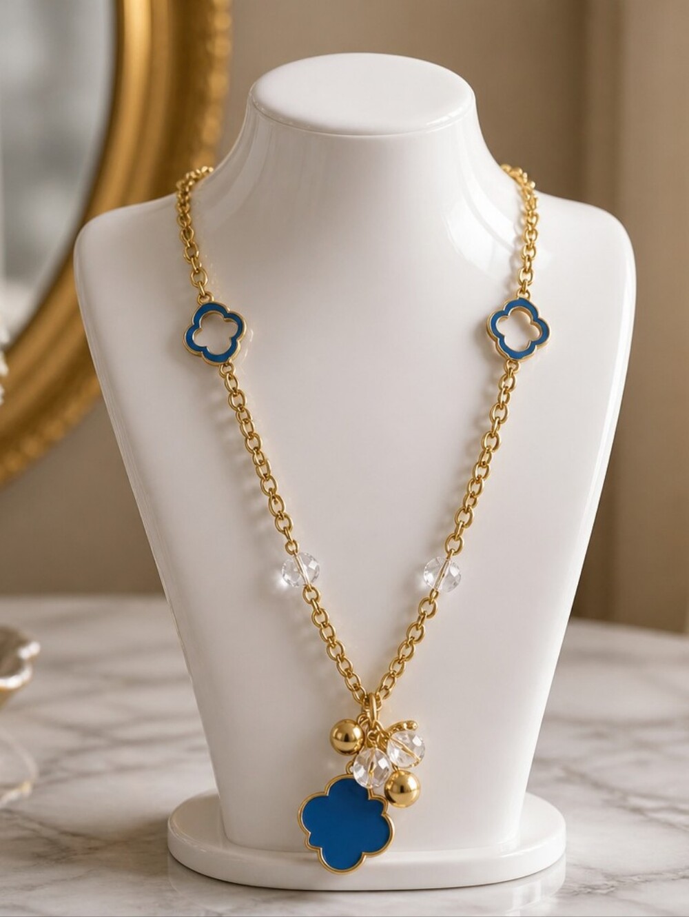 Charming Charlie Long Goldtone Clover Pendant Glass AB Beaded Necklace NWT
